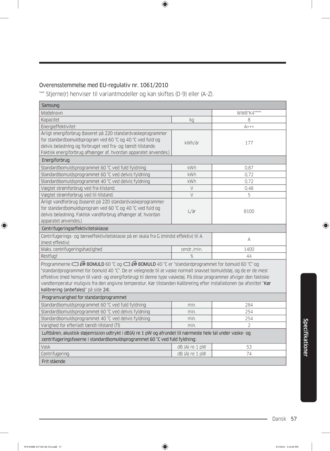 Samsung WW70K44205W/EE, WW70K4420YW/EE manual Dansk 57  